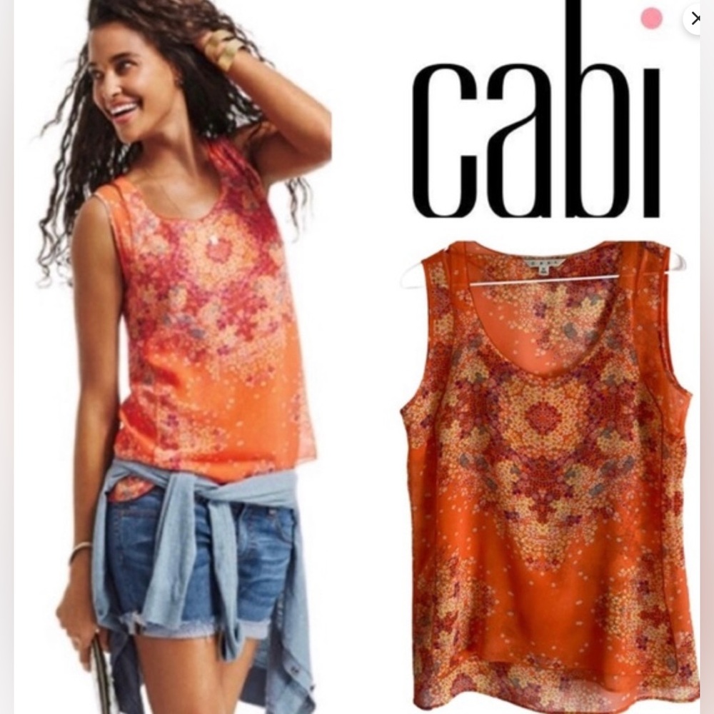 CAbi Merrow Orange Floral Edge Tank Top Size Medium